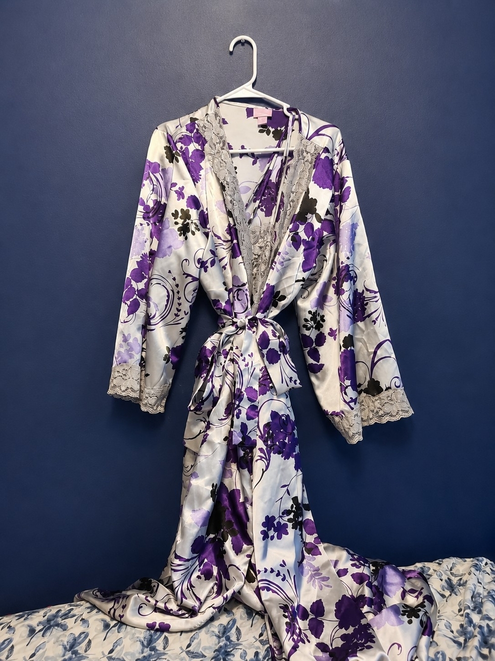 Purple Floral Satin Robe with Lace Trim